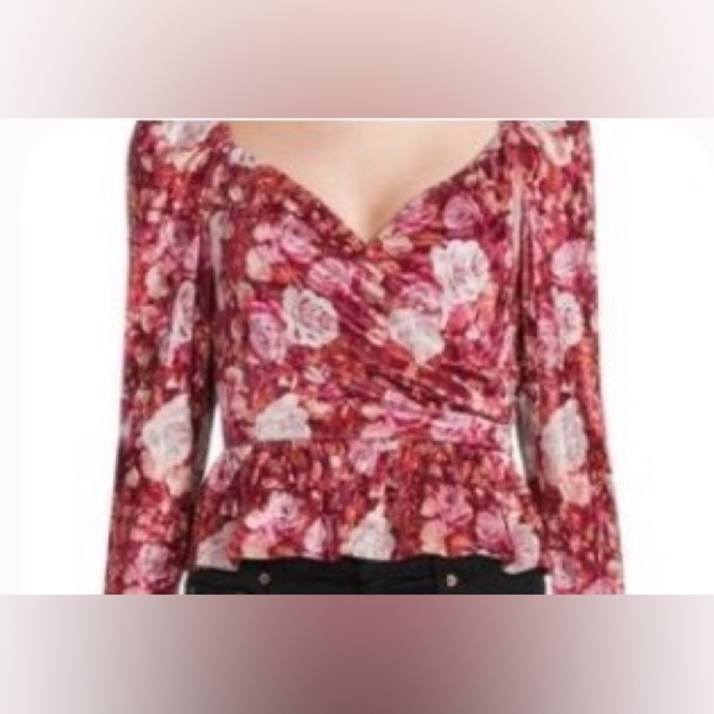 WAYF long-sleeve peplum top w/ floral print. Sweetheart neck. Red, cream. S. NWT - Picture 12 of 12